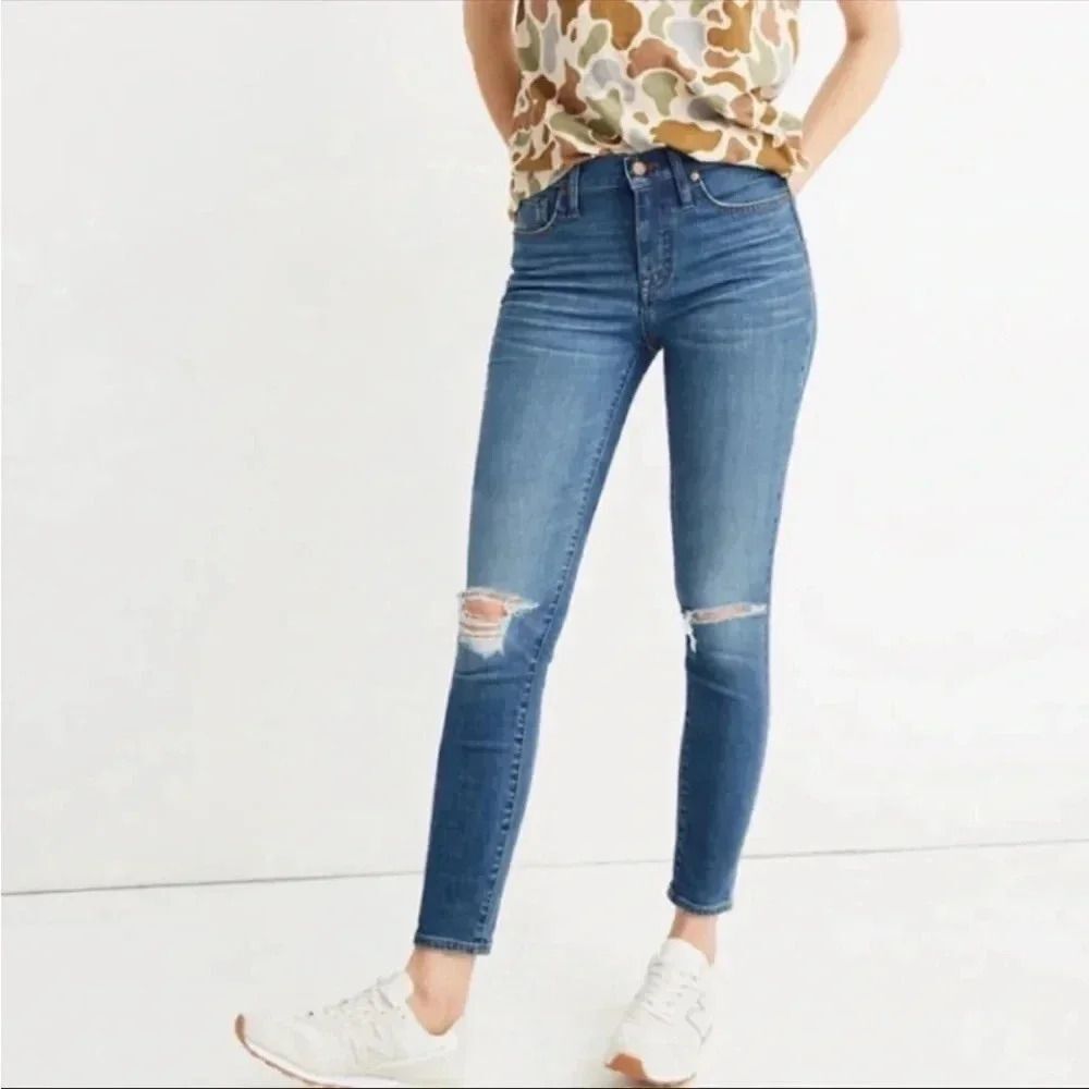 Madewell 9" Mid Rise Skinny Jeans Blue Wash Denim Eco Edition Distressed Size 25
